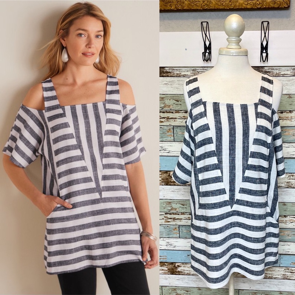 Soft Surroundings Striped Sunset Park Tunic Cold Shoulder Linen Blend Size Small
